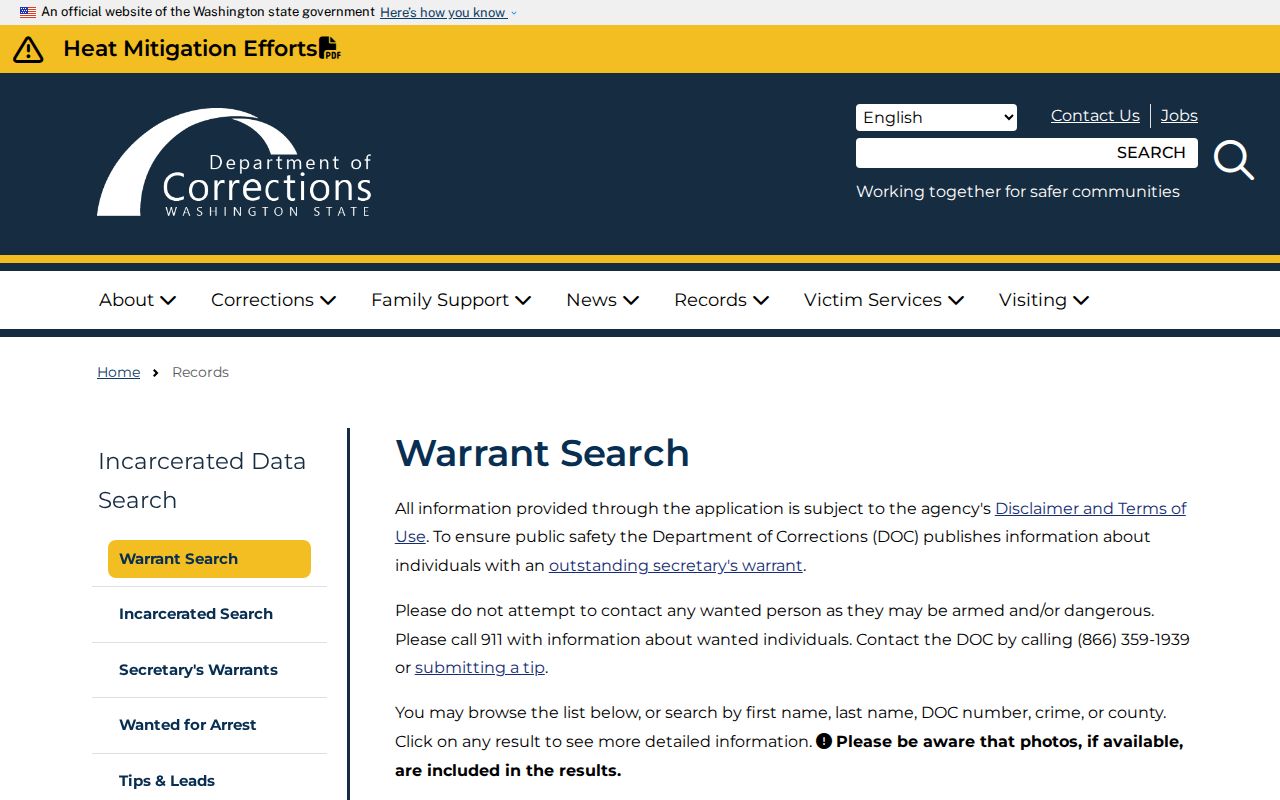Washington Department of Corrections Secretary's Warrant Search form