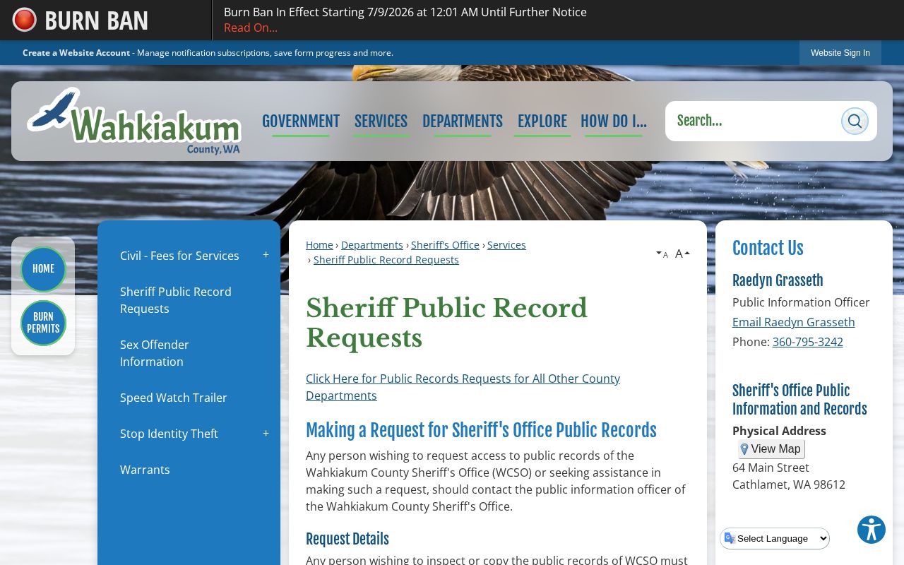Wahkiakum County Sheriff booking-record request instructions
