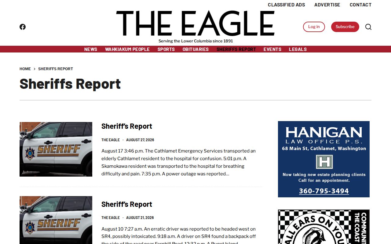 Wahkiakum County Eagle Sheriff’s Report news section